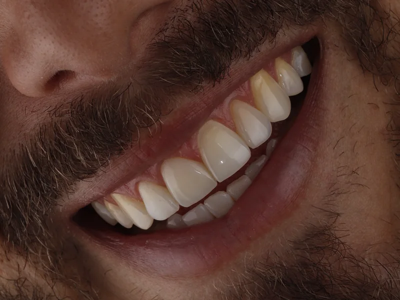 O mesmo sorriso visto de lado, com o contorno e o brilho das facetas de resina